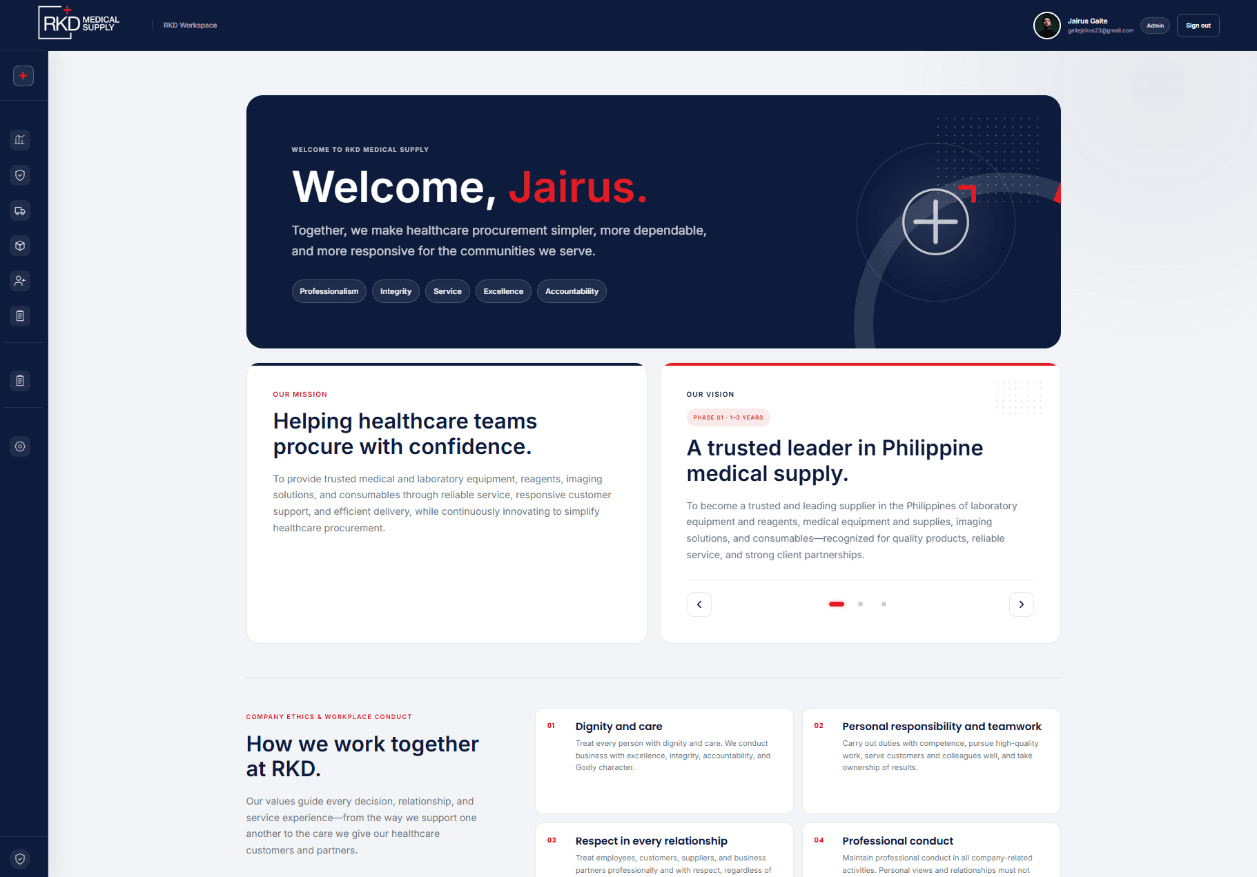 RKD Medical Supply internal workspace dashboard created by Jairus Gaite