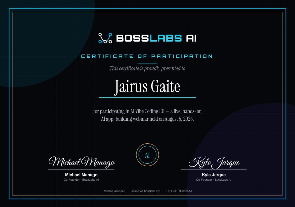 BossLabs AI Vibe Coding 101 certificate awarded to Jairus Gaite