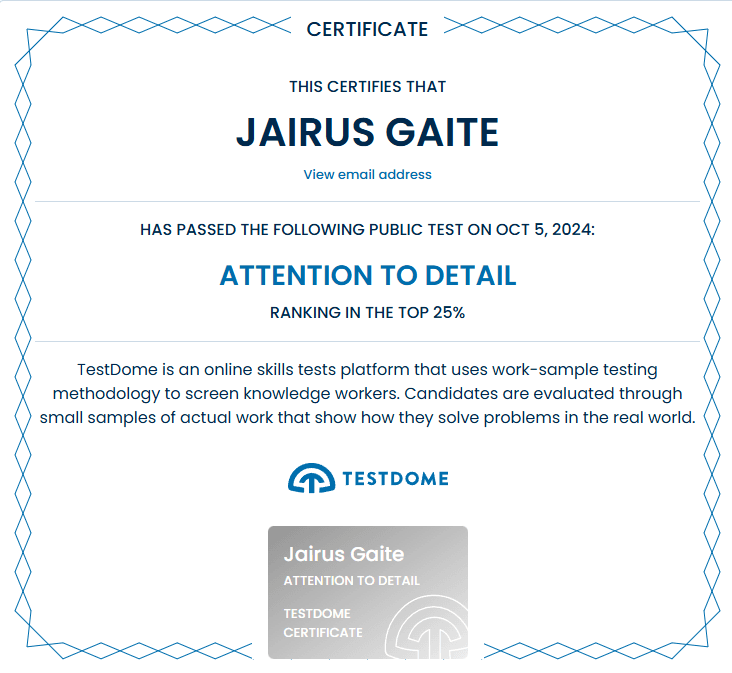 TestDome Attention to Detail certificate awarded to Jairus Gaite with a top 25 percent ranking