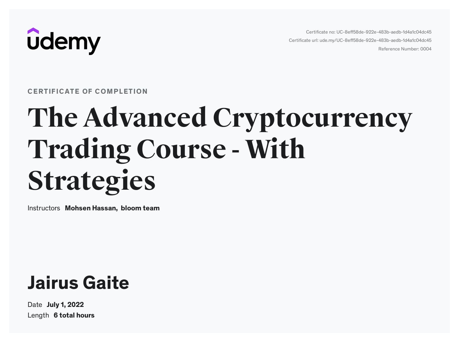 Udemy Advanced Cryptocurrency Trading Course certificate awarded to Jairus Gaite