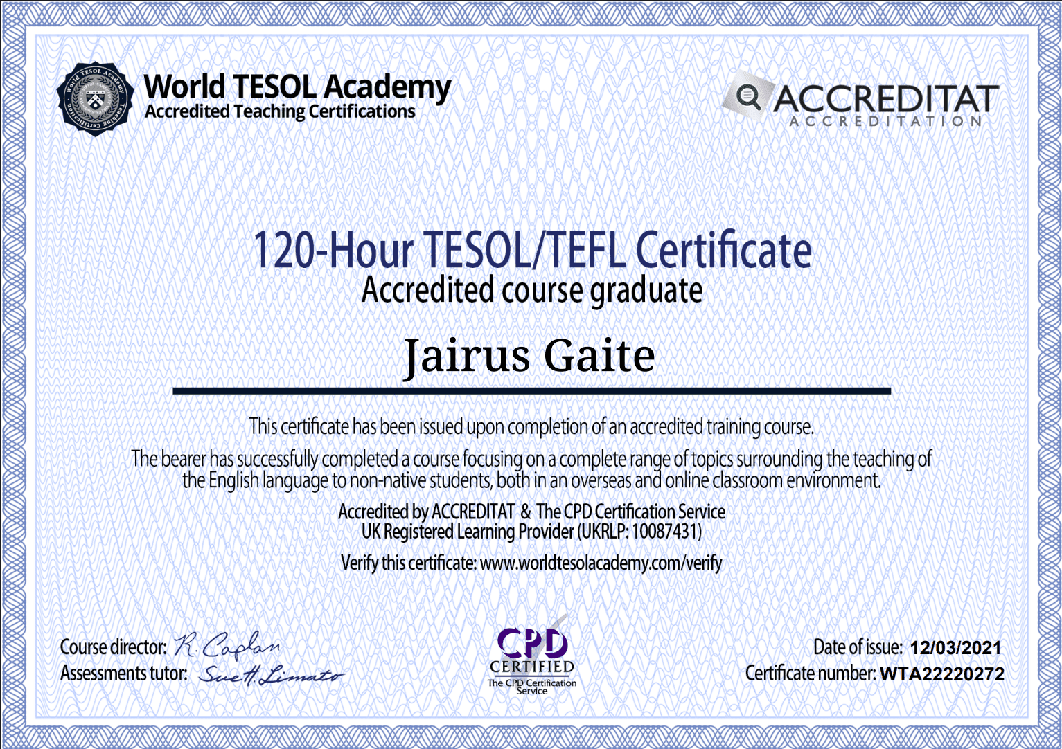 World TESOL Academy 120-hour TESOL and TEFL certificate awarded to Jairus Gaite